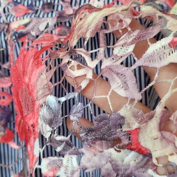 EUC Halogen White & Blue Striped Top with Colorful Lace Floral Overlay Sz XS - Picture 2 of 4